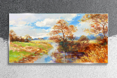 Autumn scenery by the river Wall art on glass
