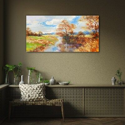 Autumn scenery by the river Wall art on glass