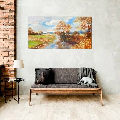Autumn scenery by the river Wall art on glass