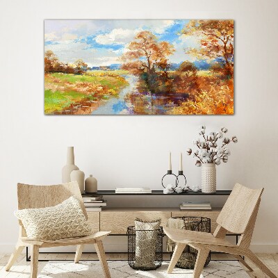 Autumn scenery by the river Wall art on glass