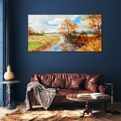 Autumn scenery by the river Wall art on glass