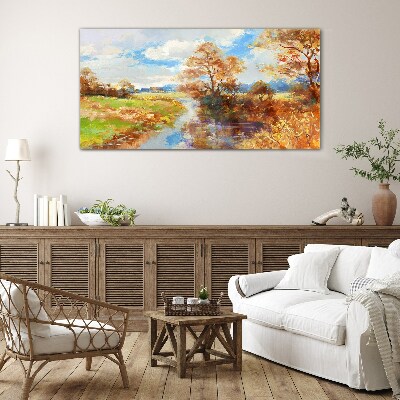 Autumn scenery by the river Wall art on glass