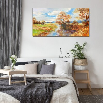 Autumn scenery by the river Wall art on glass