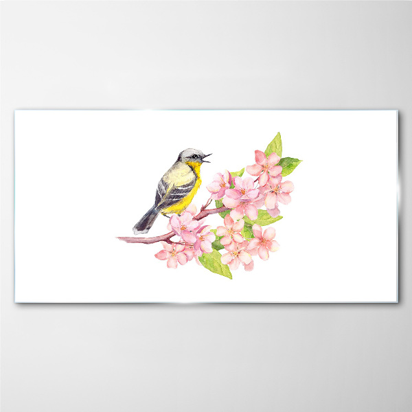 Bird on a branch with flowers Wall art on glass
