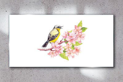 Bird on a branch with flowers Wall art on glass