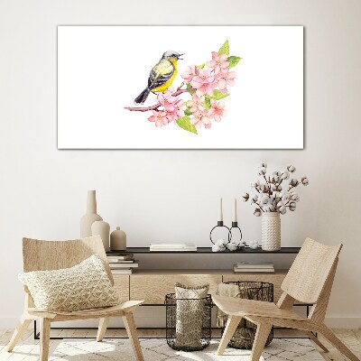Bird on a branch with flowers Wall art on glass