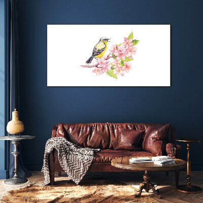 Bird on a branch with flowers Wall art on glass