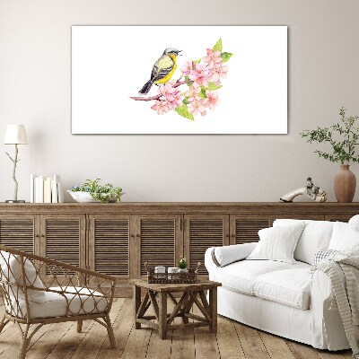 Bird on a branch with flowers Wall art on glass