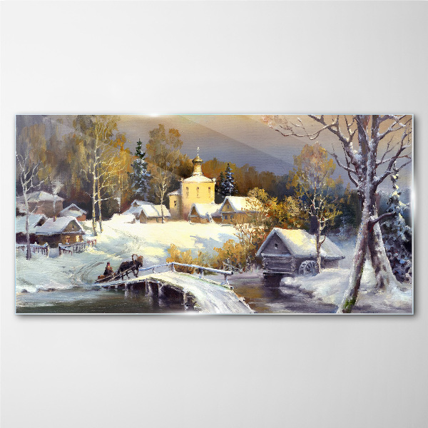 Winter landscape with a village church Glass art print