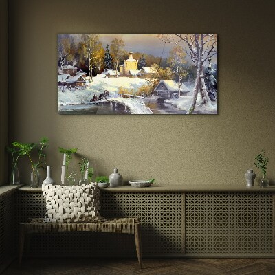 Winter landscape with a village church Glass art print
