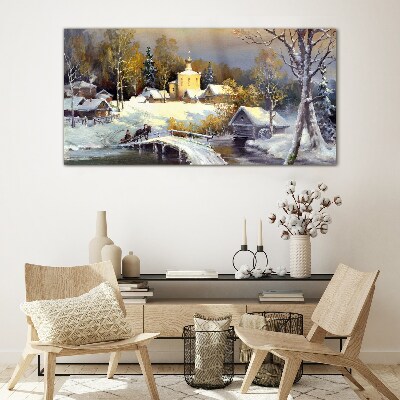 Winter landscape with a village church Glass art print