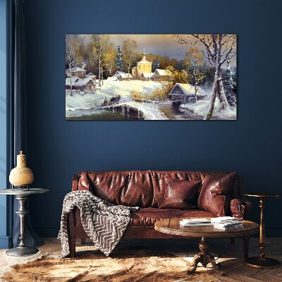 Winter landscape with a village church Glass art print