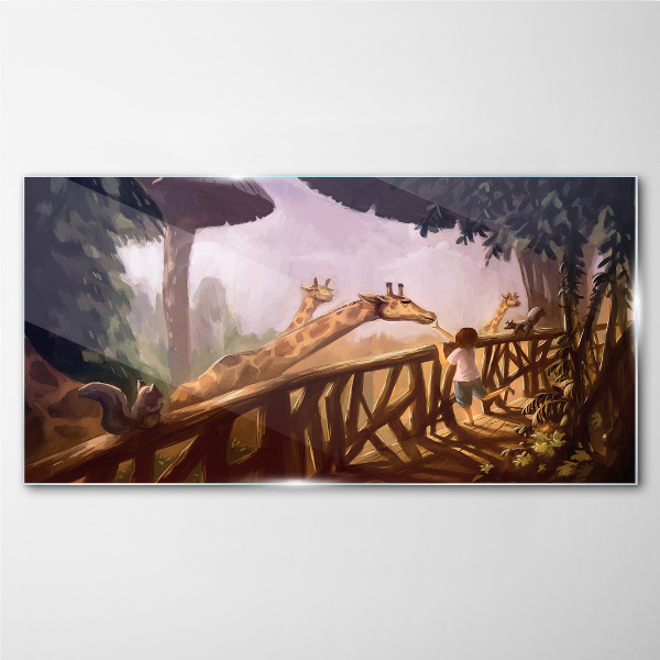 Meeting with giraffes at the zoo Glass art print