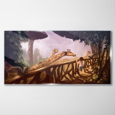 Meeting with giraffes at the zoo Glass art print