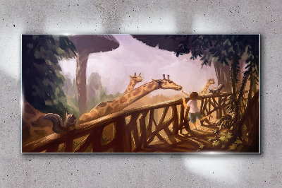 Meeting with giraffes at the zoo Glass art print