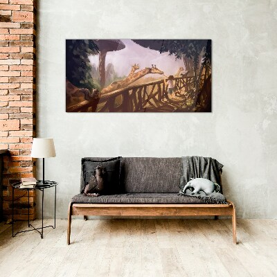 Meeting with giraffes at the zoo Glass art print