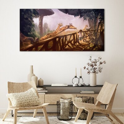 Meeting with giraffes at the zoo Glass art print