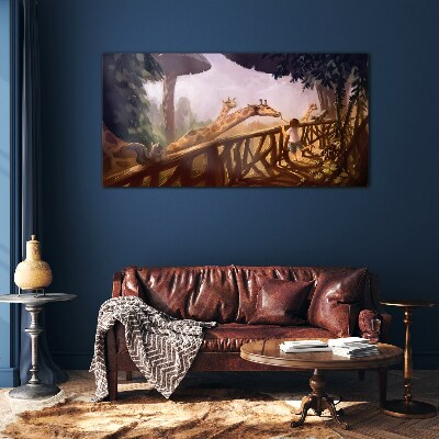 Meeting with giraffes at the zoo Glass art print