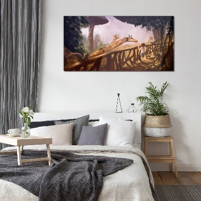 Meeting with giraffes at the zoo Glass art print
