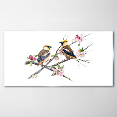 Birds on a branch among flowers Wall art on glass
