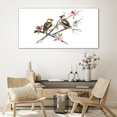 Birds on a branch among flowers Wall art on glass
