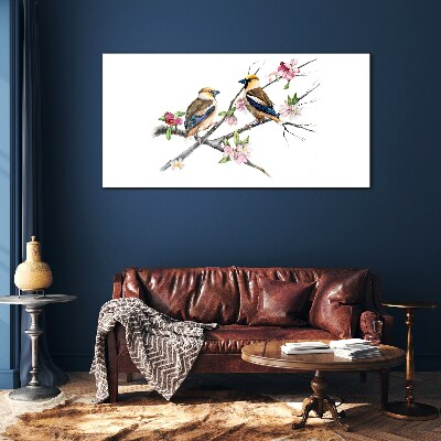 Birds on a branch among flowers Wall art on glass