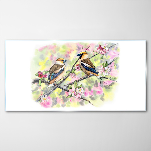Birds on a branch with flowers Glass art print