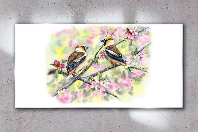 Birds on a branch with flowers Glass art print