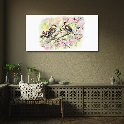 Birds on a branch with flowers Glass art print