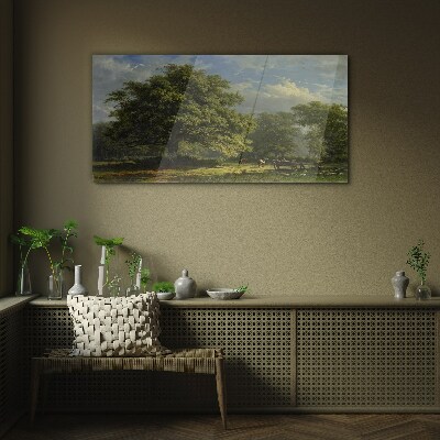 A peaceful landscape with a tree Wall art on glass