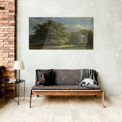 A peaceful landscape with a tree Wall art on glass