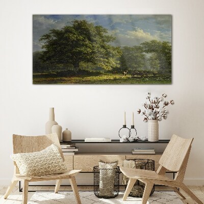 A peaceful landscape with a tree Wall art on glass