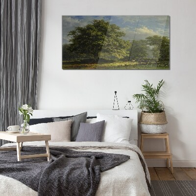 A peaceful landscape with a tree Wall art on glass
