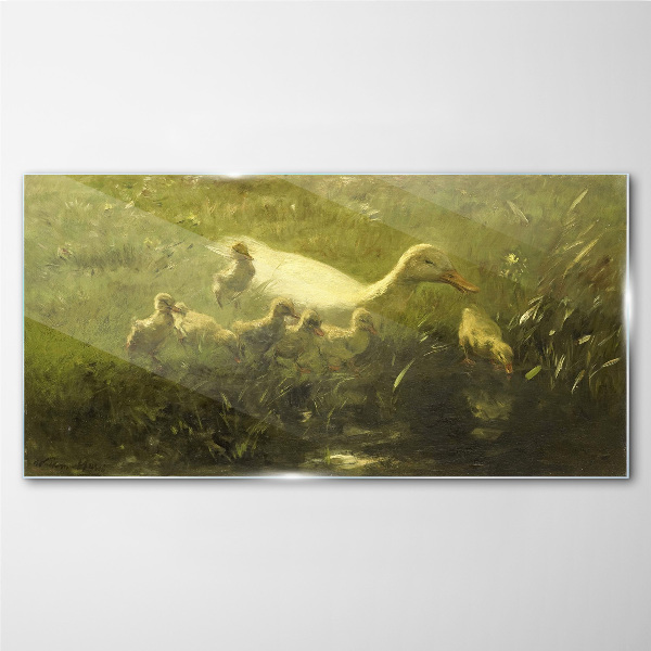Duck with chicks in the grass Glass art print