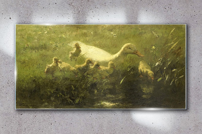 Duck with chicks in the grass Glass art print