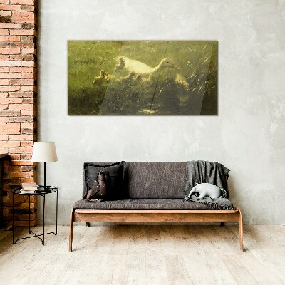 Duck with chicks in the grass Glass art print