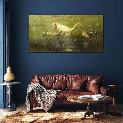 Duck with chicks in the grass Glass art print