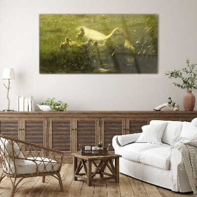 Duck with chicks in the grass Glass art print
