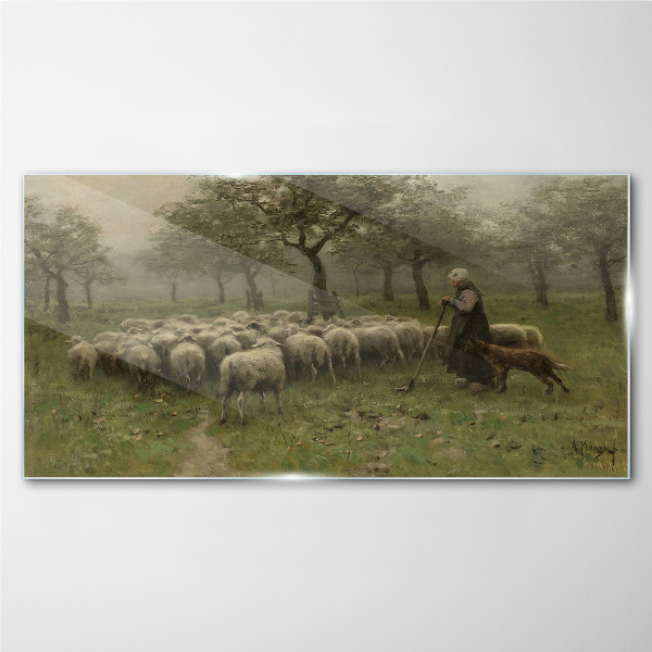 Sheep grazing in a mystical landscape Wall art on glass