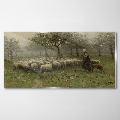 Sheep grazing in a mystical landscape Wall art on glass