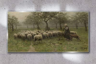 Sheep grazing in a mystical landscape Wall art on glass