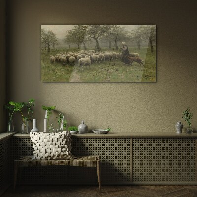 Sheep grazing in a mystical landscape Wall art on glass