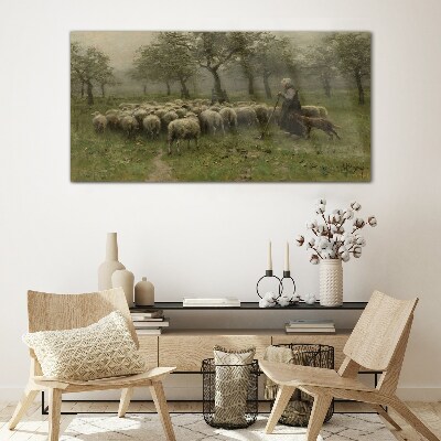 Sheep grazing in a mystical landscape Wall art on glass
