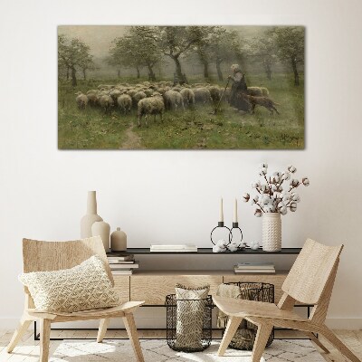 Sheep shepherd swain tree Glass Wall Art