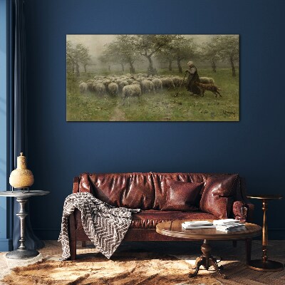 Sheep grazing in a mystical landscape Wall art on glass