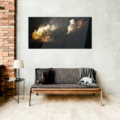 Golden clouds on a dark background Wall art on glass
