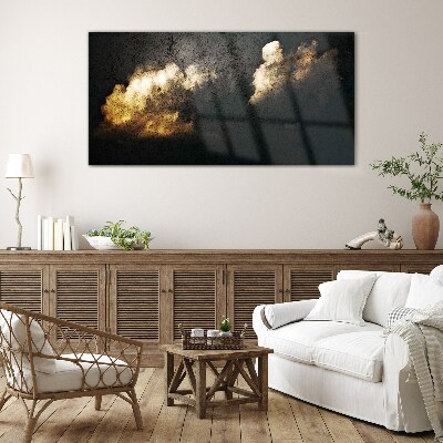 Golden clouds on a dark background Wall art on glass
