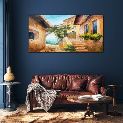 The charming streets of a seaside village Wall art on glass