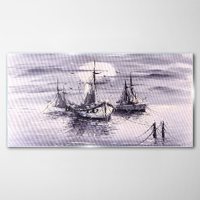 Moon night sea ships Glass Wall Art