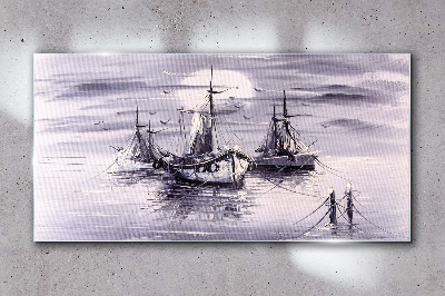 Moon night sea ships Glass Wall Art